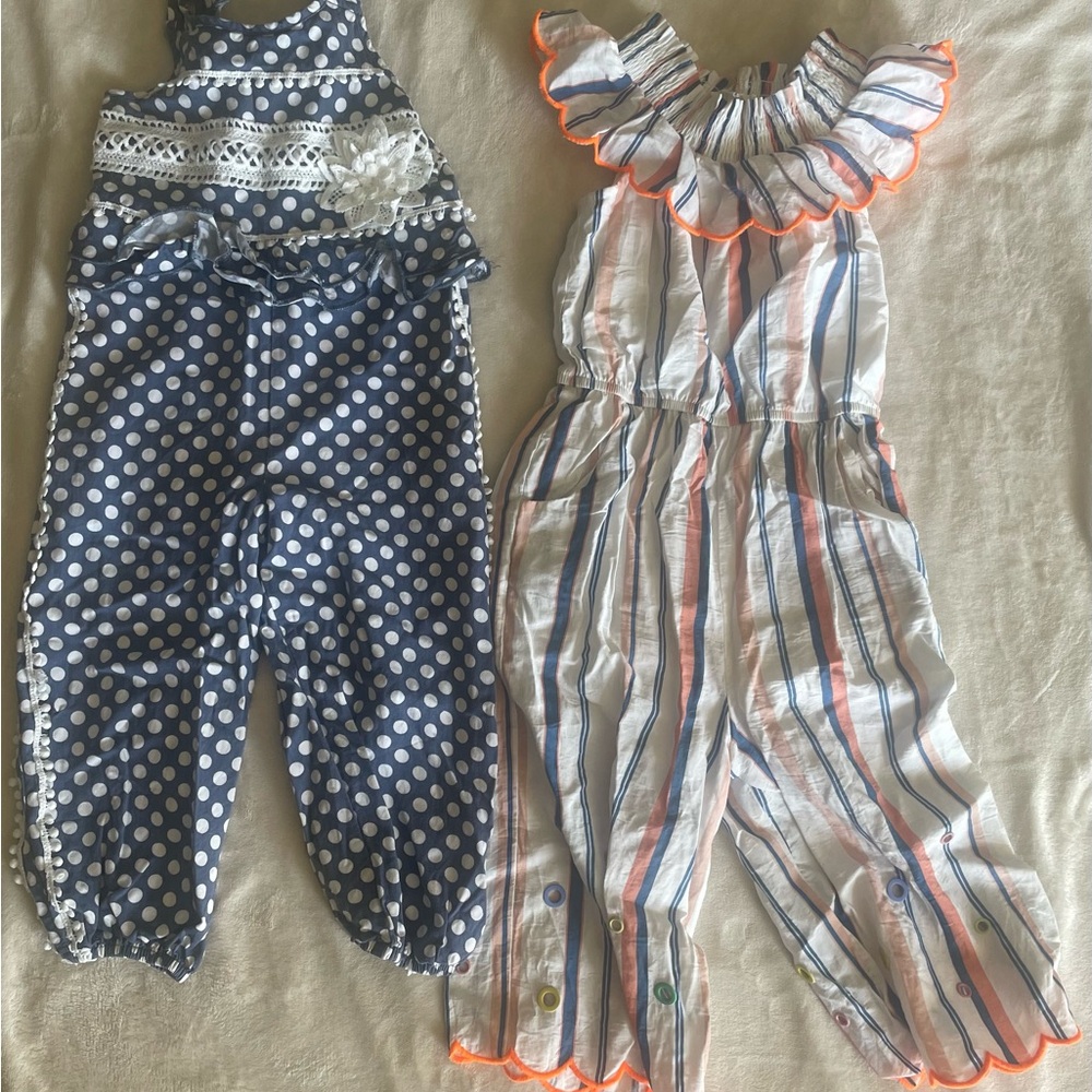 2 jumpsuits sz 4T. Blue dots is baby Sara, striped jumpsuit is Hannah banana